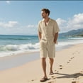 thumbnail image 7 of Men's Linen Vacation 2-Piece Beach Set, Solid Color Lightweight Button-Down Pocket Shirt and Elastic Waist Shorts, Summer Outfit For Holiday,Khaki,2XL, 7 of 7