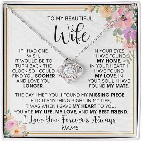 Personalized To My Wife Necklace From Husband, I Love You More, Wife Birthday Gift, Anniversary Gift for Wife with Message Card and Gift Box, Love Knot Necklace for Women