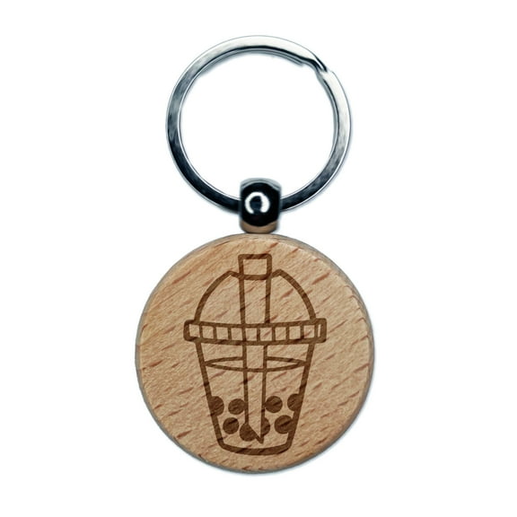 Yummy Bubble Tea Boba Milk Dessert Drink Round Keychain Charm Tag - Engraved Wood