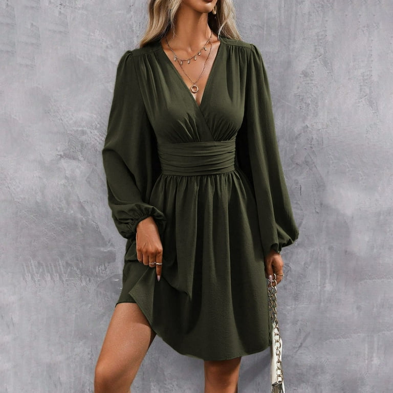 Pink Easter Dress Women, Smocked Mini V Neck Long Sleeve Pleated Tunic A  Line Dress Red Formal Women Sexy Green Dress Semi For Going Out Dresses  Women'S Cocktail Maxi Dresses (L, Army
