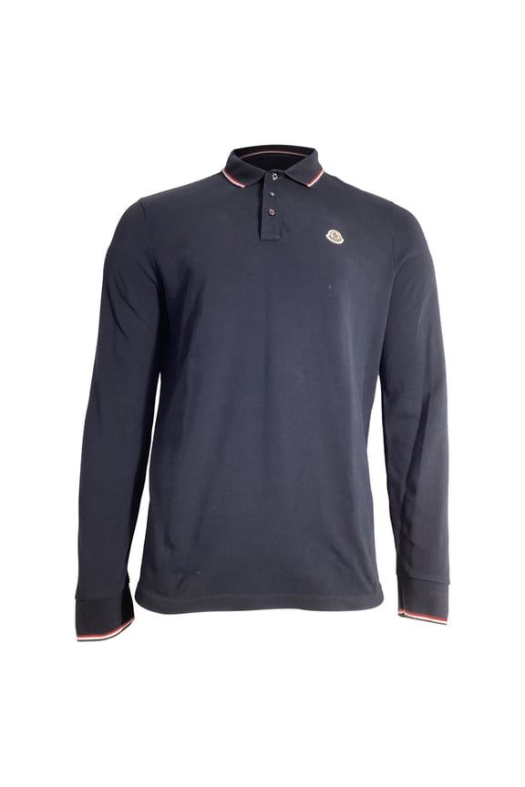 Pre-Owned Moncler Patch-Detail Long-Sleeved Polo Shirt in Navy Blue Cotton