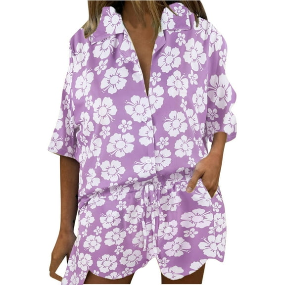 Women's 2 Piece Lounge Set Casual Baggy Short Sleeve Lapel Button Down Shirt and Drawstring Shorts Outfit Tracksuits Ladies Clothes