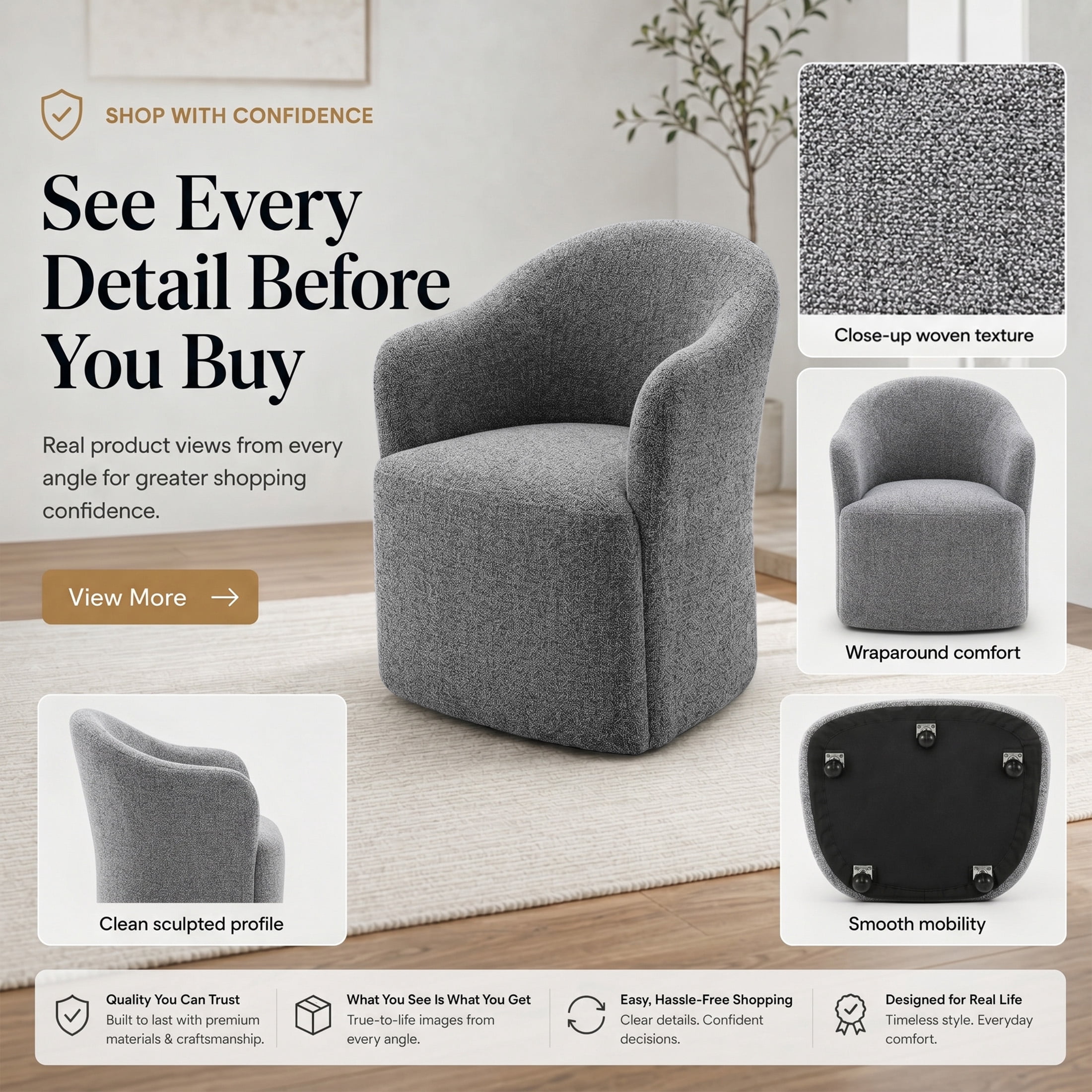 Aenkyo Dining Chair with Casters, Upholstered Barrel Back Rolling Accent Chair, Pewter Gray