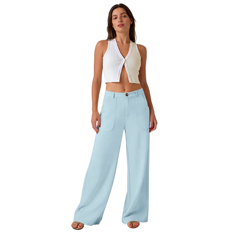 Dwellite Women's Wide Leg Cotton Linen Pants High Waist Straight Leg Dress Pants 2026 Casual Business Trousers with Pockets White S