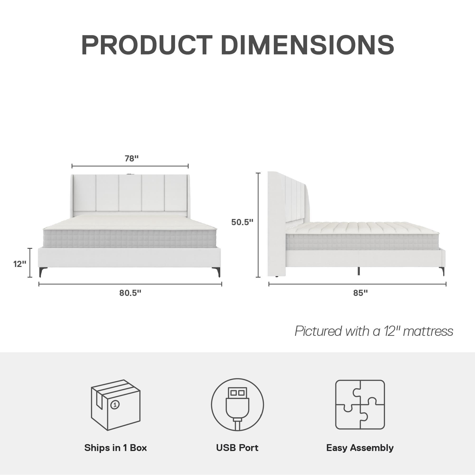DHP Lamora Upholstered Wingback Bed Frame with USB, King, Light Gray Linen