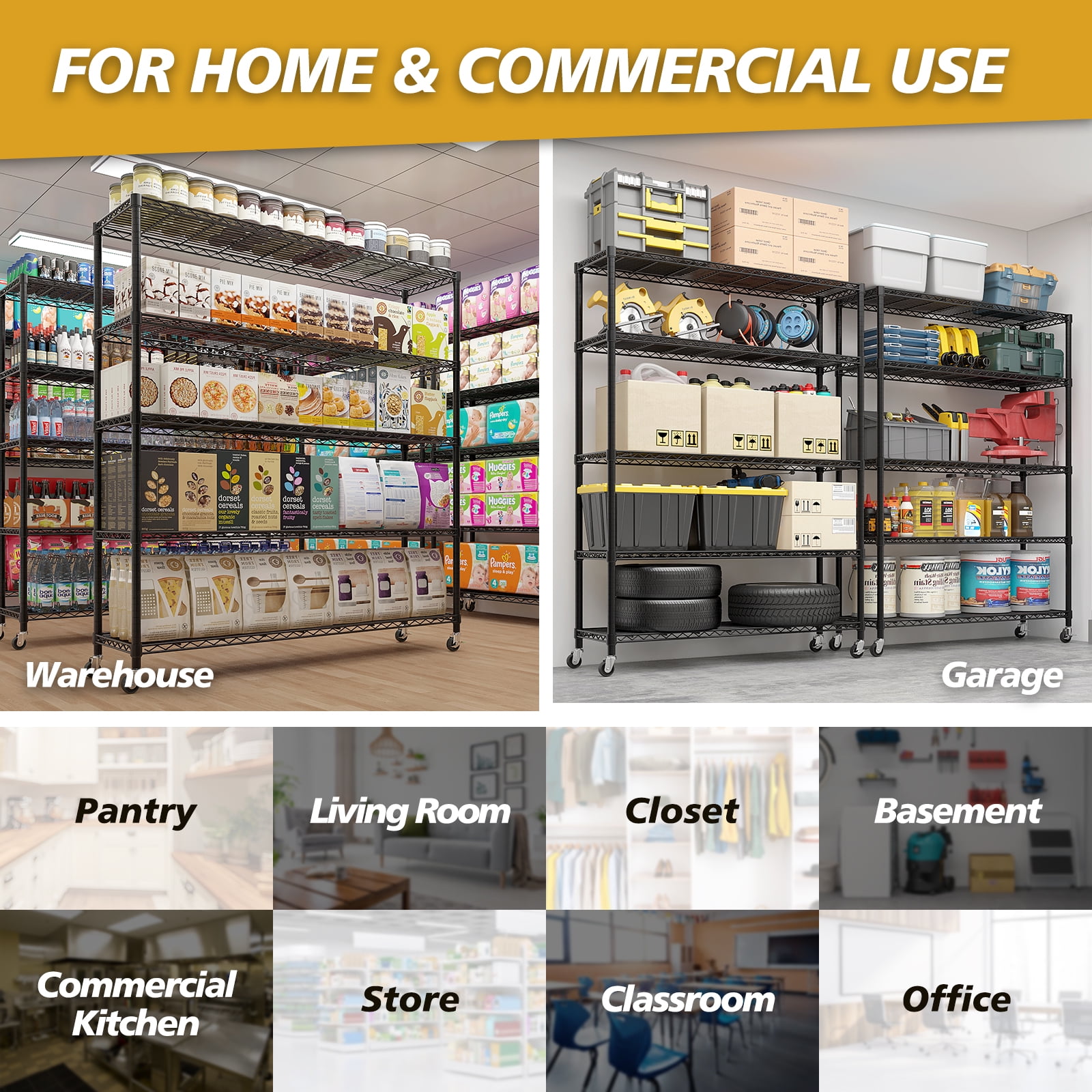 5-Tier Ultra Wide Steel Wire Storage Shelf Carbon Steel Adjustable Height Utility Organizer with Leveling Feet for Home Restaurant Hotel Commercial Use
