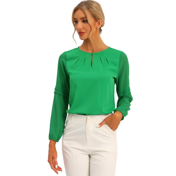 Top de la blusa de la oficina del trabajo del cuello del ojo de la cerradura de las mangas largas semi transparentes de la gasa elegante de las mujeres Verde Brillante L