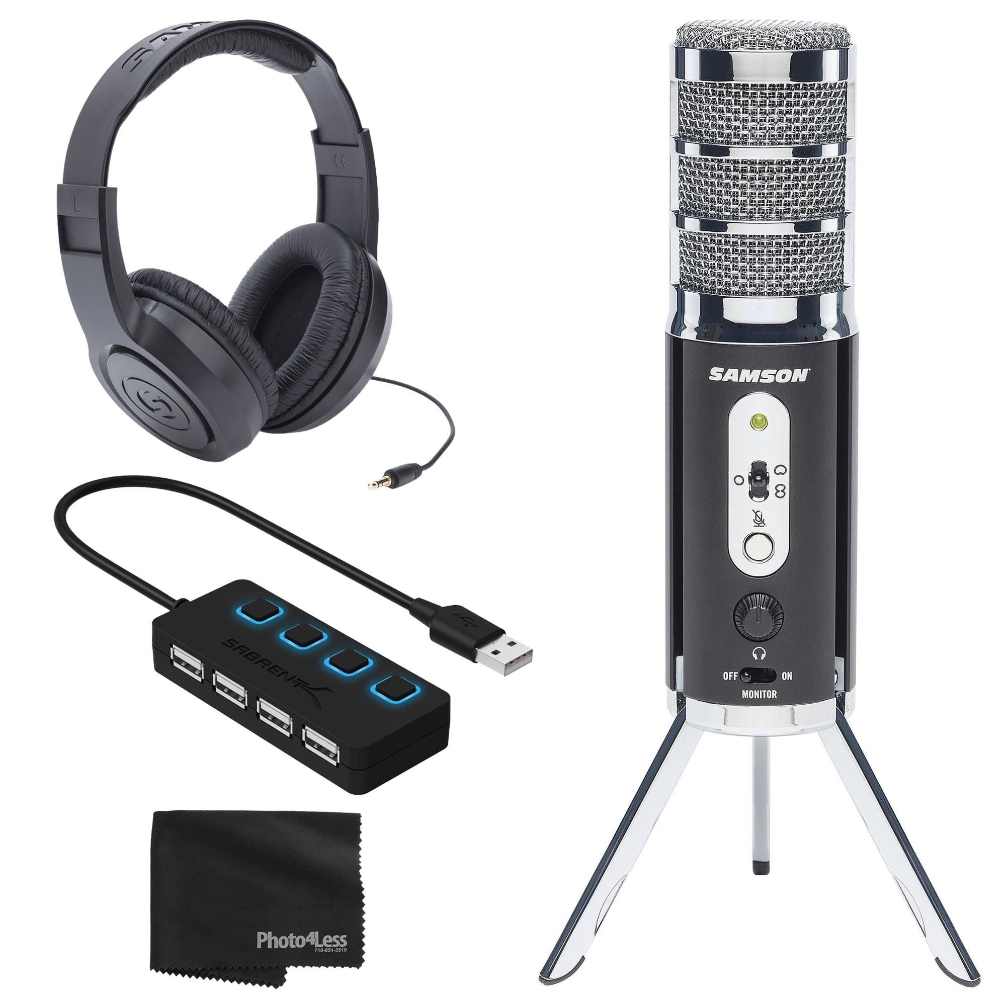 Samson Satellite USB/iOS Broadcast Microphone with Dual 16mm Condenser  Capsules + Samson Over-Ear Stereo Headphones - 4-Port USB 2.0 Hub with 
