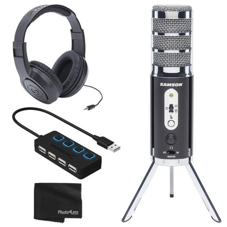 Samson Satellite USB/iOS Broadcast Microphone with Dual 16mm Condenser Capsules + Samson Over-Ear Stereo Headphones - 4-Port USB 2.0 Hub with Individual LED Lit Power Switches + Cleaning Cloth