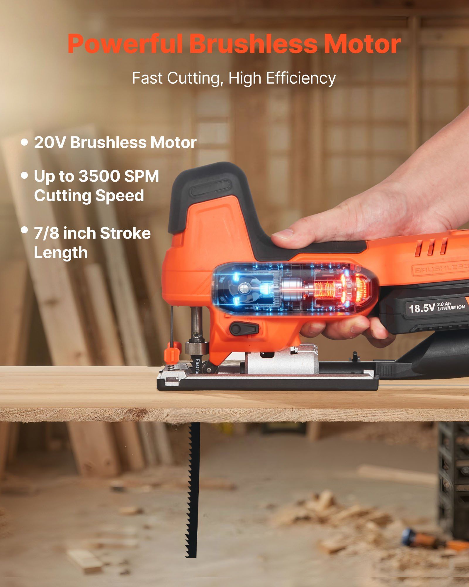 20V Brushless Cordless Jig Saw with 3500 SPM 6 Blades LED Light 6 Speed 0-45 Degree Bevel 4 Orbital Settings for Straight Circle Cutting