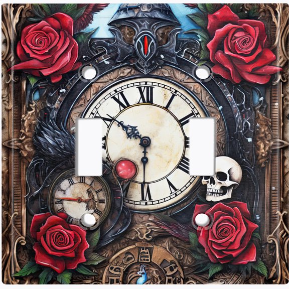 Metal Light Switch Wall Plate Outlet Cover (Printed Image of Vintage Pirate Clock with Flowers - Double Toggle)