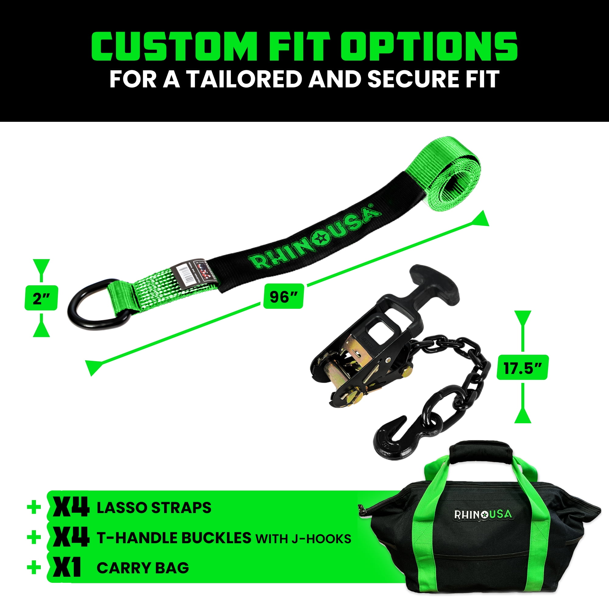 Rhino USA Heavy Duty 2" x 8' Car Tie Down Straps with J Hook - 10,000lb Break Strength (Green 4Pack)