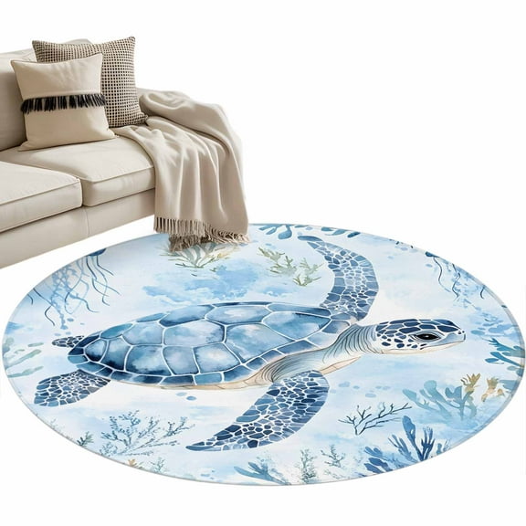 Blue Turtle Coastal Round Area Rug 3 FT, Small Kitchen Bathroom Mat, Coral Beach Nautical Ocean Washable Indoor Outdoor Throw Runner Carpet Non-Shedding Doormat for Table Shower Sofa Entryway