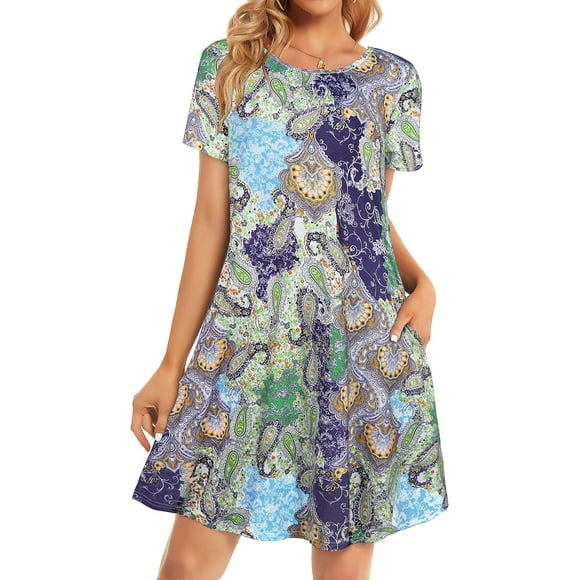 at Womens Summer Dresses Beach Casual Tshirt Plus Size Floral Short Sleeve Loose Flowy Sundresses Blue Amoeba Large