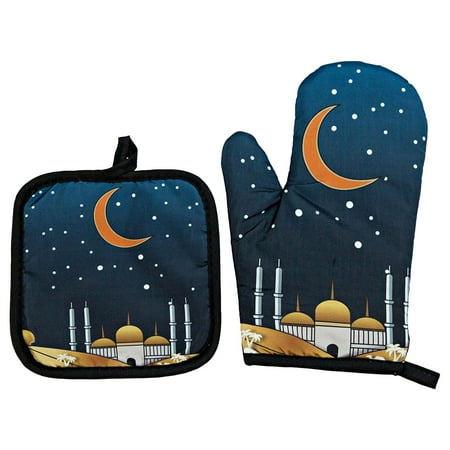 

2 Pcs/Set Eid Mubarak Baking Anti-Hot Oven Gloves Pad Kitchen Mat Heat Resistant Pot Holder Ramadan Mubarak Decorations Islamic Muslim Ramadan Kareem Party Supplies for Cooking Baking