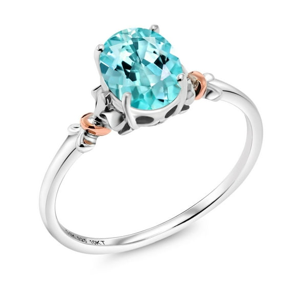 Gem Stone King 925 Silver and 10K Rose Gold Blue Apatite Engagement Ring for Women | 0.82 Cttw | Oval 7X5MM | Gemstone Birthstone | Size 8