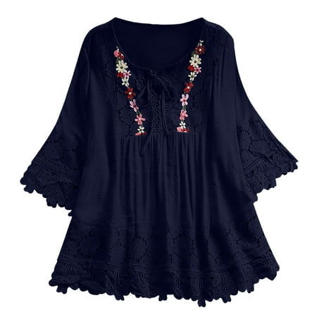 Fsqjgq Womens Tops Elegant Plus Size Bodysuit Plus Size Lace Hollow Out Tunic T Shirt Patchwork Embroidery 3/4 Length Flared Sleeve Blouses V Neck Bow Tunic Tops Clearance Shirts for Women XXXXXL