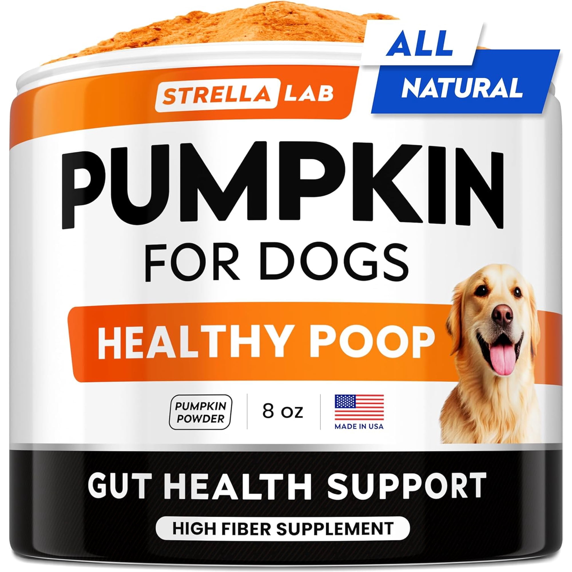 STRELLALAB Pumpkin for Dogs - 8.1oz High Fiber Powder Supplement - Stool Consistency and Softener - Diarrhea, Constipation, Upset Stomach, Food Sensitivity, Scoot - Digestion Support - Made in USA