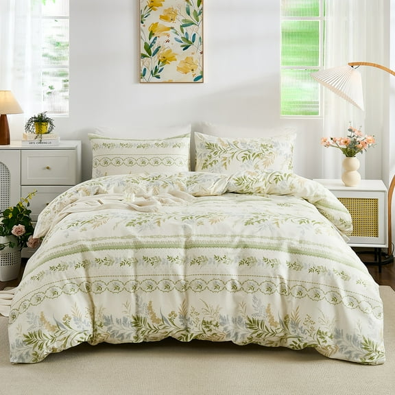 Floral Duvet Cover Green 100% Nature Cotton Chic Shabby Garden Floral Bedding Set with 2 Pillowcases Soft&Lightweight Vintage Comforter Cover Set with Zipper Closure