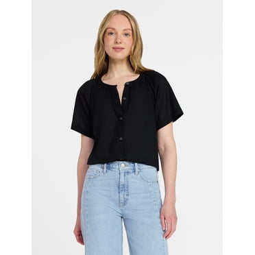 Time and Tru Women's Cotton Button Up Blouse with Short Sleeves, Sizes XS-XXXL
