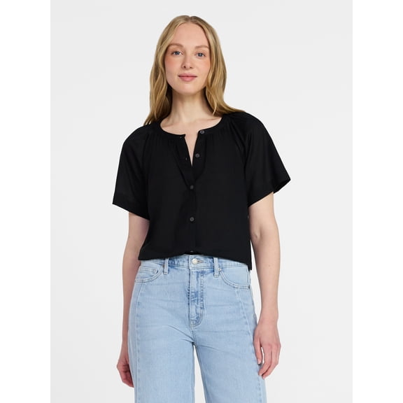 Time and Tru Women's Cotton Button Up Blouse with Short Sleeves, Sizes XS-XXXL