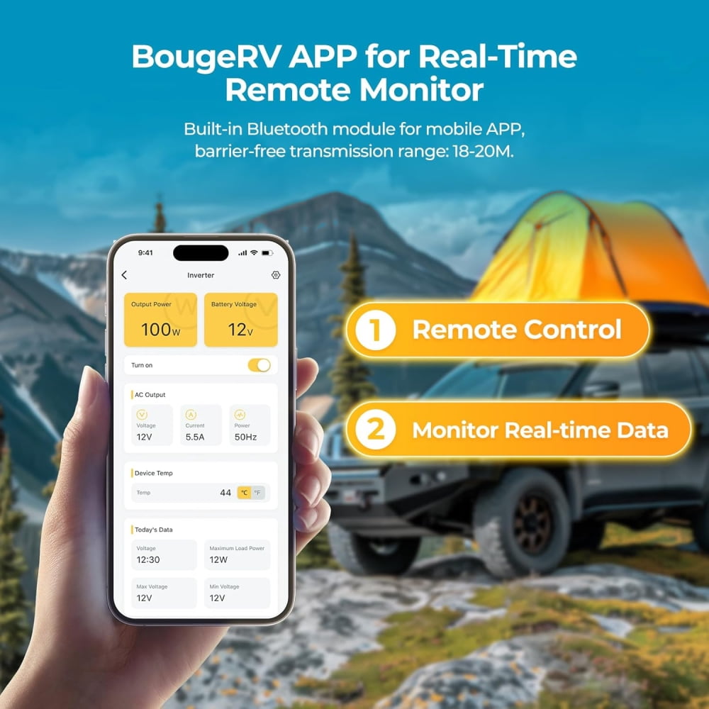 BougeRV 1000W Pure Sine Wave Power Inverter, DC 12V to AC 110V Car Converter, Built-in Bluetooth for Home, Off-Grid Solar Power System, RV, Travel, Camping