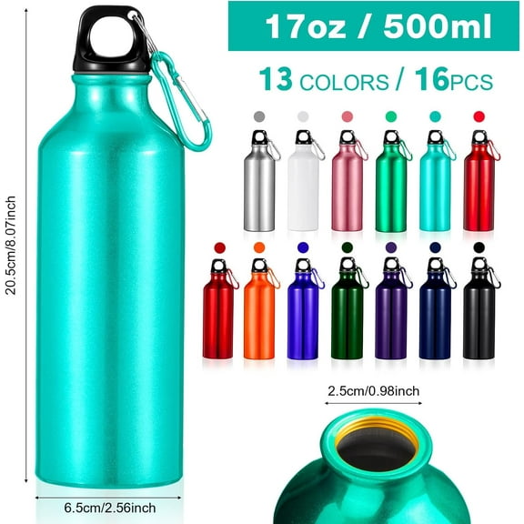 16 Pcs Aluminum Water Bottle Bulk 17 oz Reusable Backpacking Leak Proof Water Bottles with Buckle and Twist Cap for Camping Sports Travel
