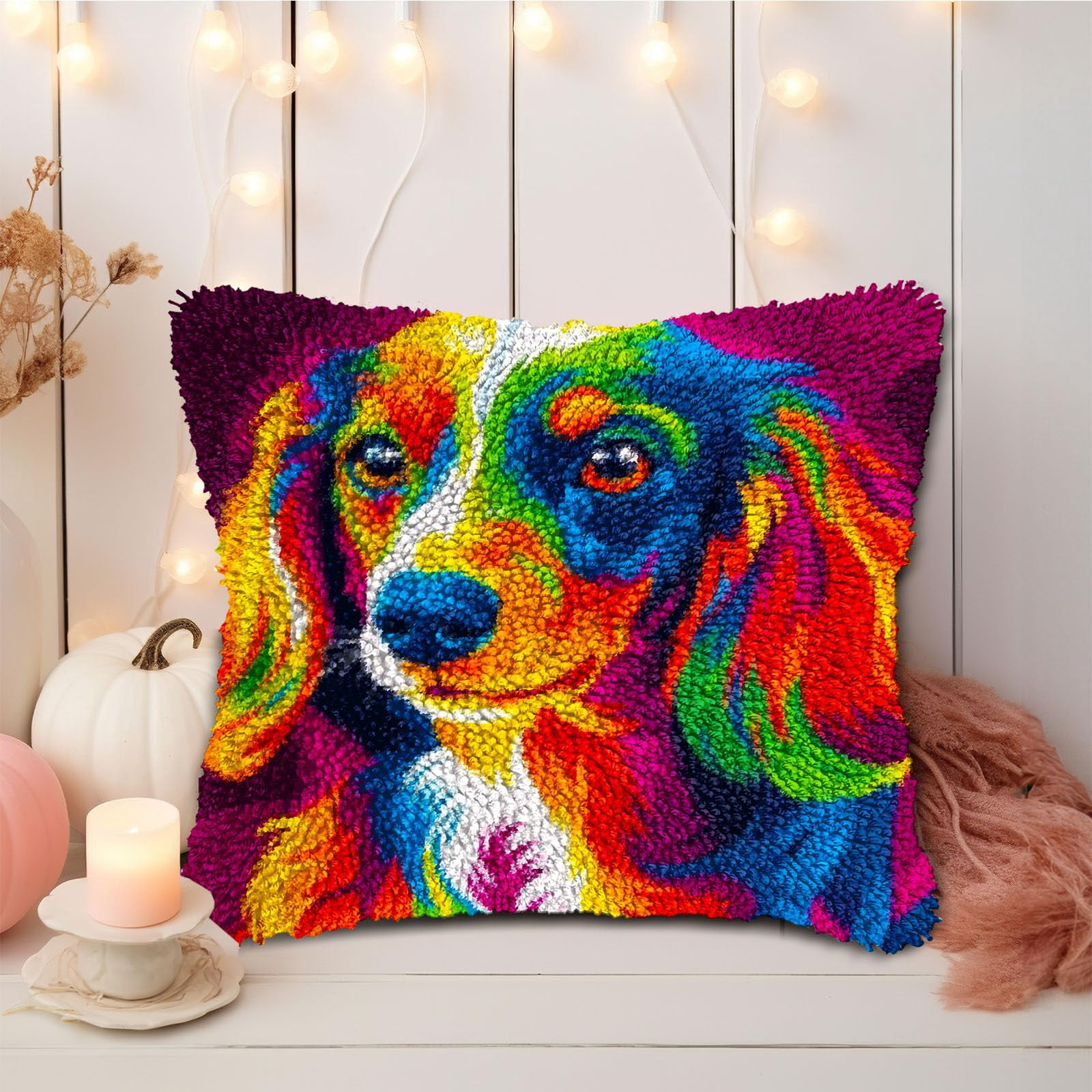 DIY Latch Hook Pillow Kits Colorful Dachshund Dog Printed Pillowcase Crochet Yarns Hooking Handmade Pillow Cover Cushion for Home Sofa Decoration 17x17inch-4
