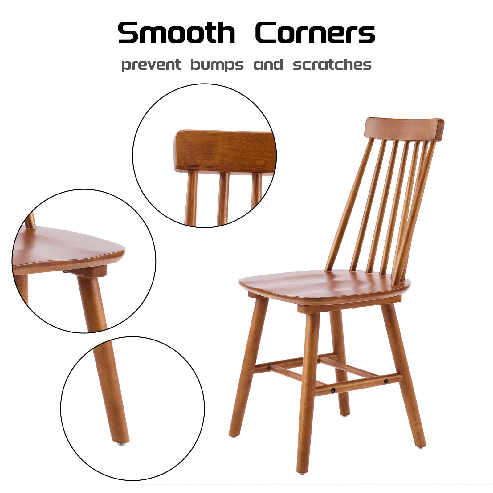 Farmhouse Wooden Dining Chairs Set of 4, Windsor Spindle Back Chair for Kitchen & Dining Room, Walnut