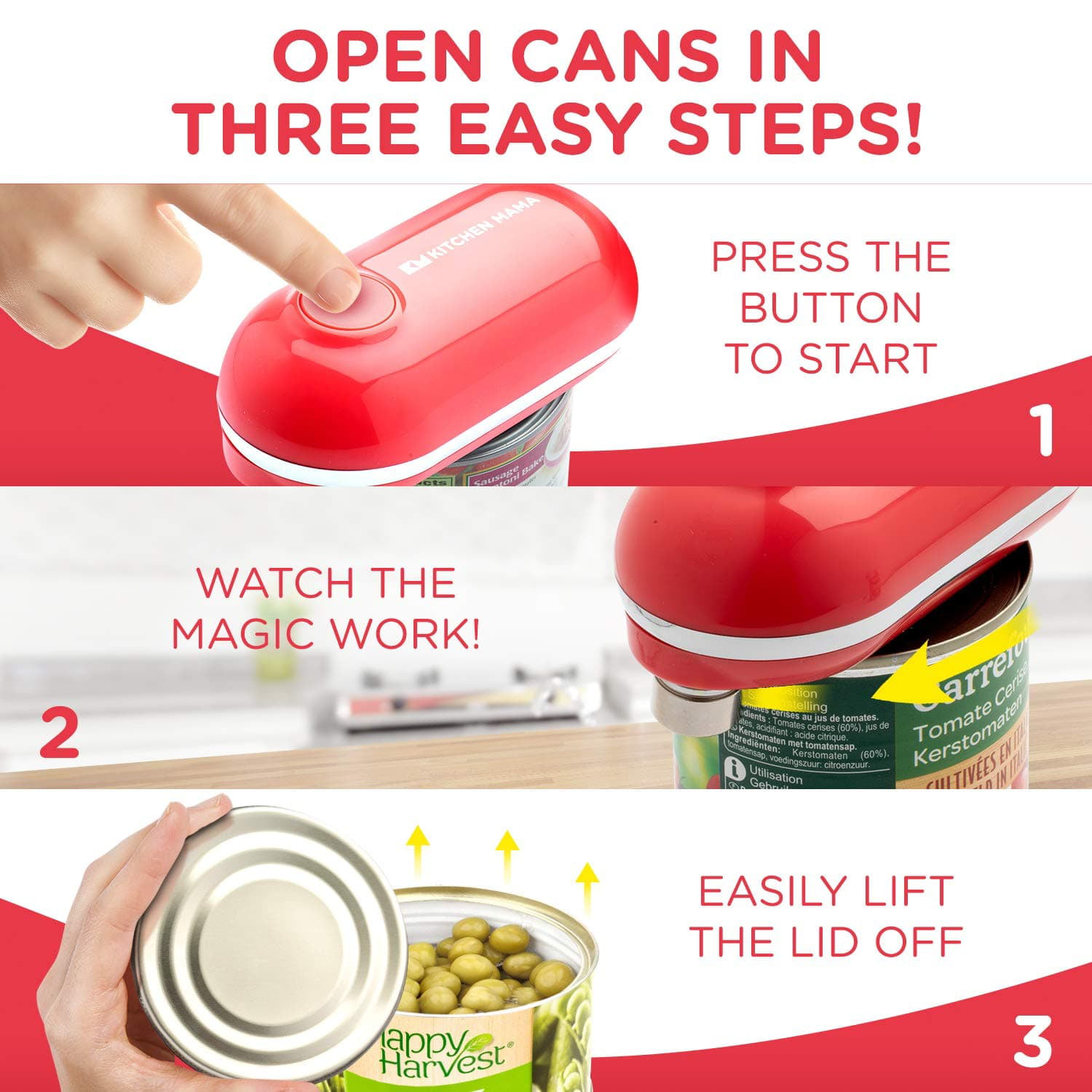  Kitchen Mama Mini Electric Can Opener Christmas Gift Ideas:  Open Cans with A Simple Press of Button - Ultra-Compact, Mini-Sized Space  Saver, Portable, Smooth Edge, Food-Safe, Battery Operated (Orange) : Home