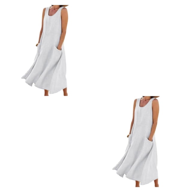 Qarigey Vestido de lino y algodón de verano para mujer, sin mangas, cuello , vestidos bohemios sin mangas, Kaftan largo de Color liso para la Blanco/L 2Conjunto