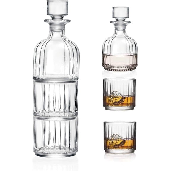 Glass 3 Pc Set, Crystal Glass Whiskey Decanter with 2 Tumblers, Stackable, Double Old Fashioned Tumblers, DOF, Decanter is 12 Oz, Each D.O.F. Tumbler is 12 Oz, by Barski, Made in Europe