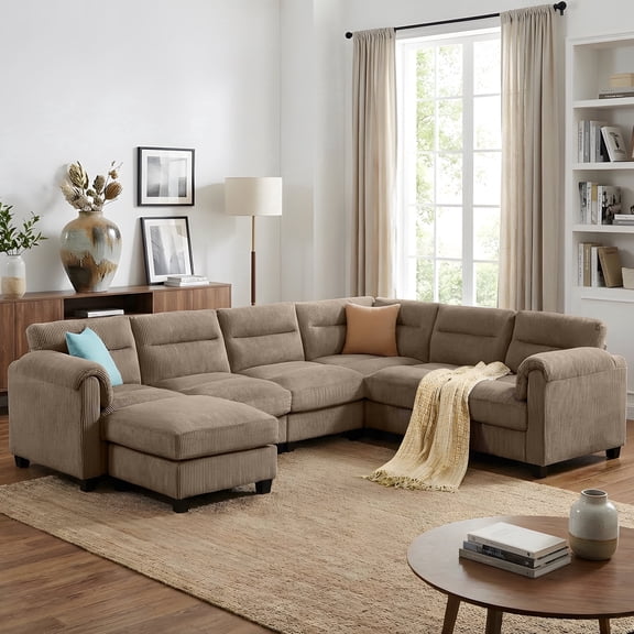 Bonzy Home Convertible Modular Padded Sectional Sofa Couch with Foam Frame & Ottoman for Living Room - Taupe