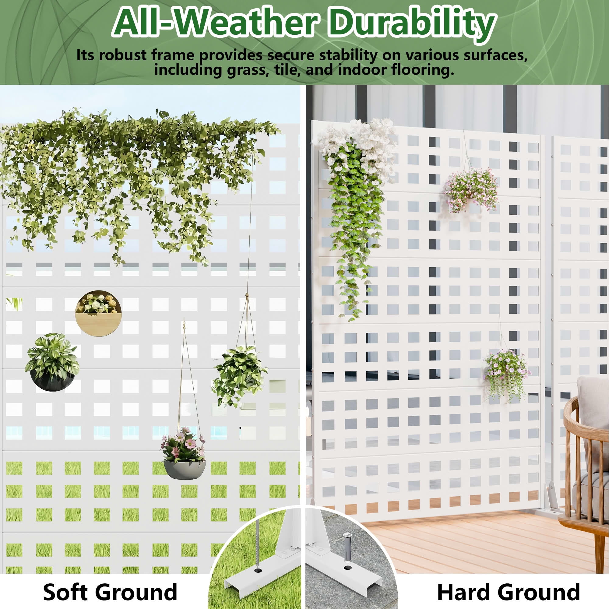 MAYEERTY 2-Piece Outdoor Metal Privacy Screen 6ft × 4ft White, 6-Panel Lattice Pattern, Rust-Resistant for Garden