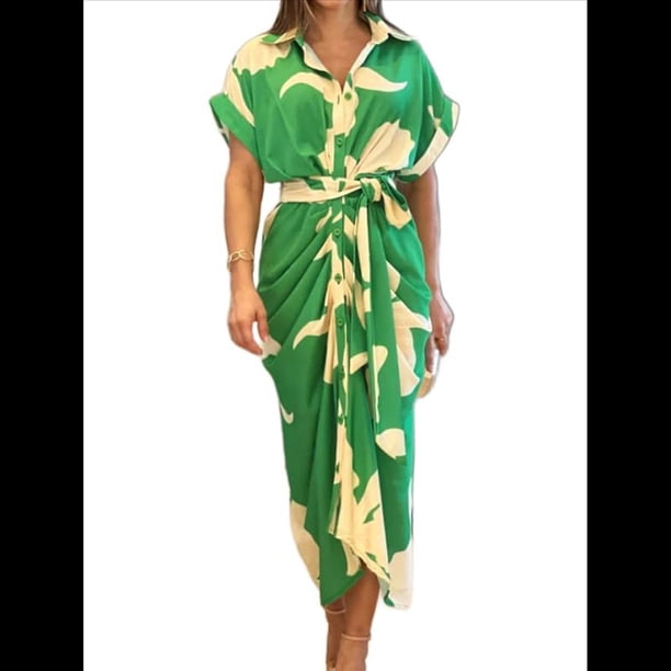 Vestido Camisero Fruncido con Botones para Mujer, Corta, Solapa, Cuello en V, Elegante Vestido Maxi Floral de Fiesta con Cinturón Verde XXL