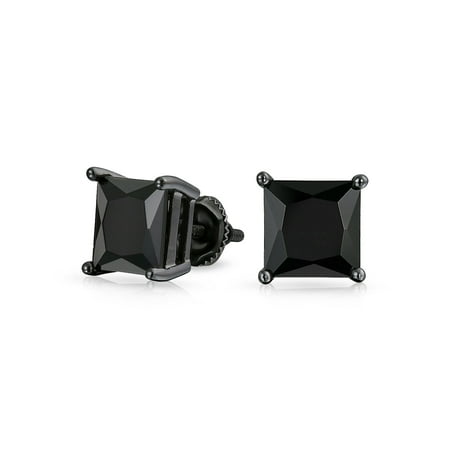 Men Earrings Diamond Screw Backs Black On Black Square Princess Cut Cubic Zirconia Stud Earrings For Men Women CZ Screwback Plated Sterling Silver ()