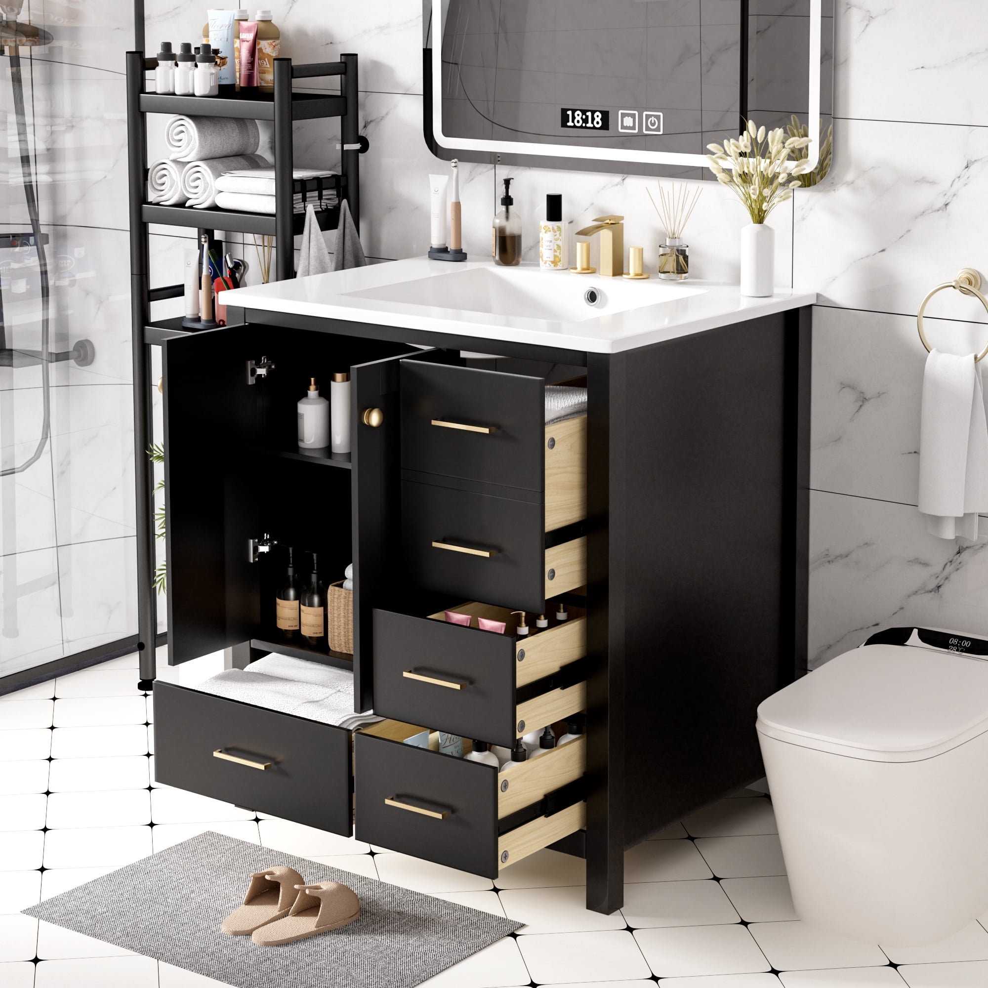 Euroco 30'' Bathroom Vanity with Ceramic Sink Combo, Solid Wood Frame Bathroom Storage Cabinet, Freestanding Vanity Set with 4 Drawers& Soft Closing Doors, Black