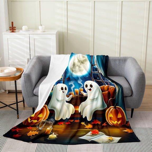 Halloween Ghost Blanket Cute Pumpkin Throw Blanket for Sofa Bed Soft Fluffy Warm Fleece Blanket