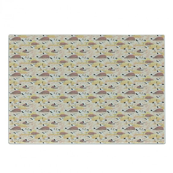 Bird Print Cutting Board, Tender Japanese Art Continuous Cranes and Reeds in Soft Peachy Colors, Decorative Tempered Glass Cutting and Serving Board, in 3 Sizes, by Ambesonne