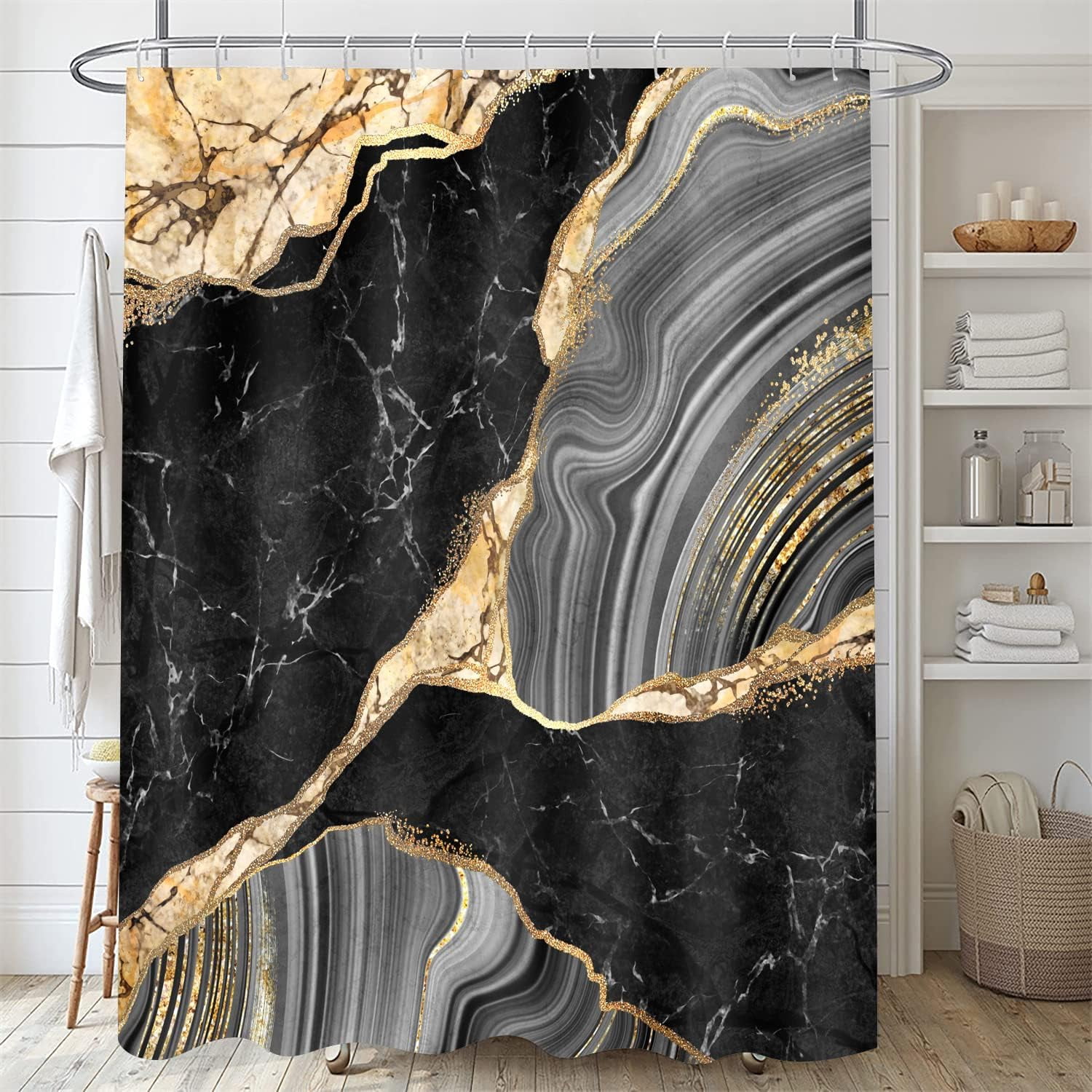 4 Pcs Black Marble Shower Curtain Sets with Rugs Gold Bathroom Sets with Shower Curtain and Rugs Modern Abstract Bathroom Decor Accessories Shower Curtains for Bathroom Toilet Lid Cover