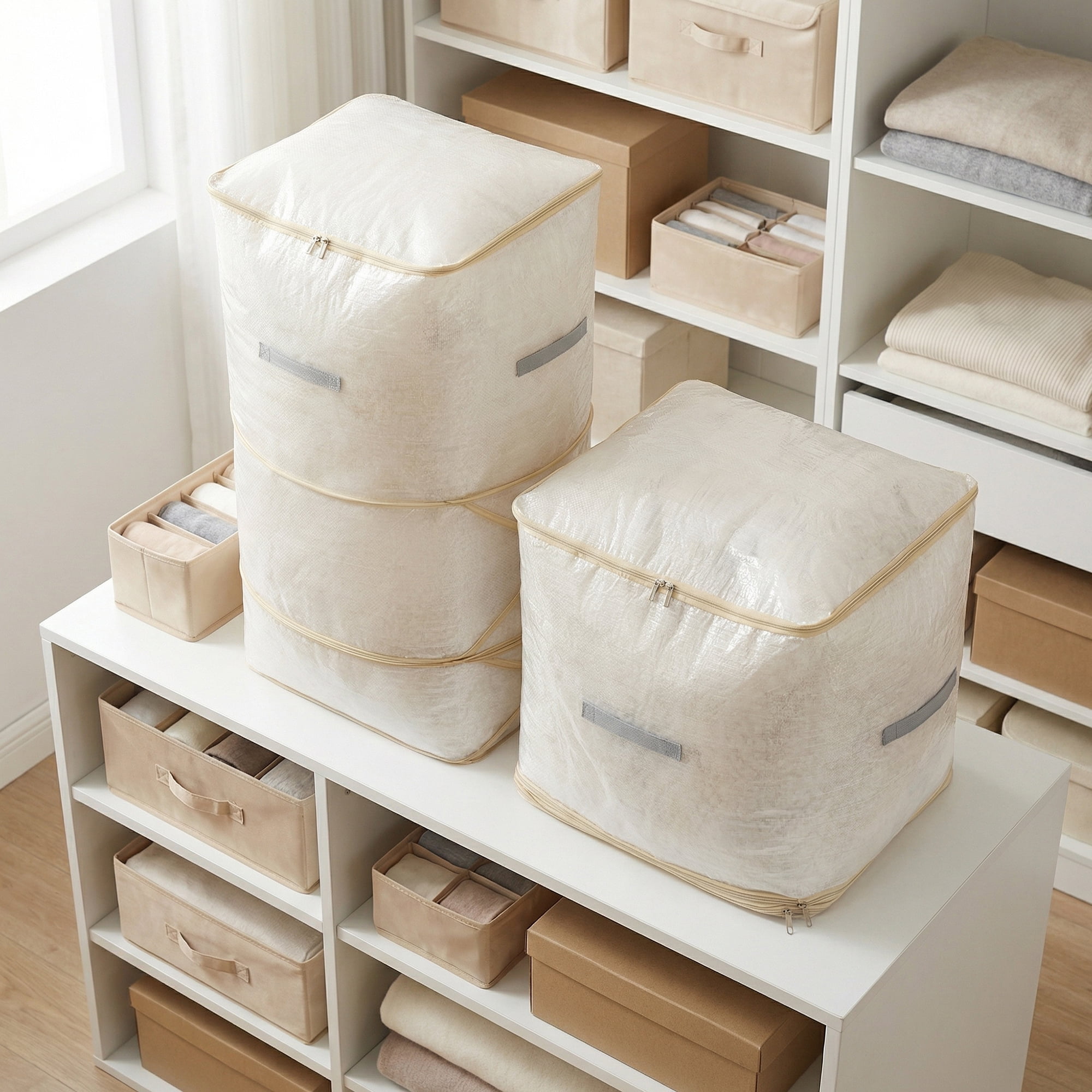 Unique Bargains Portable Storage Bags for Organizing Clothing Beige 19.7"x16.5"x35.4"