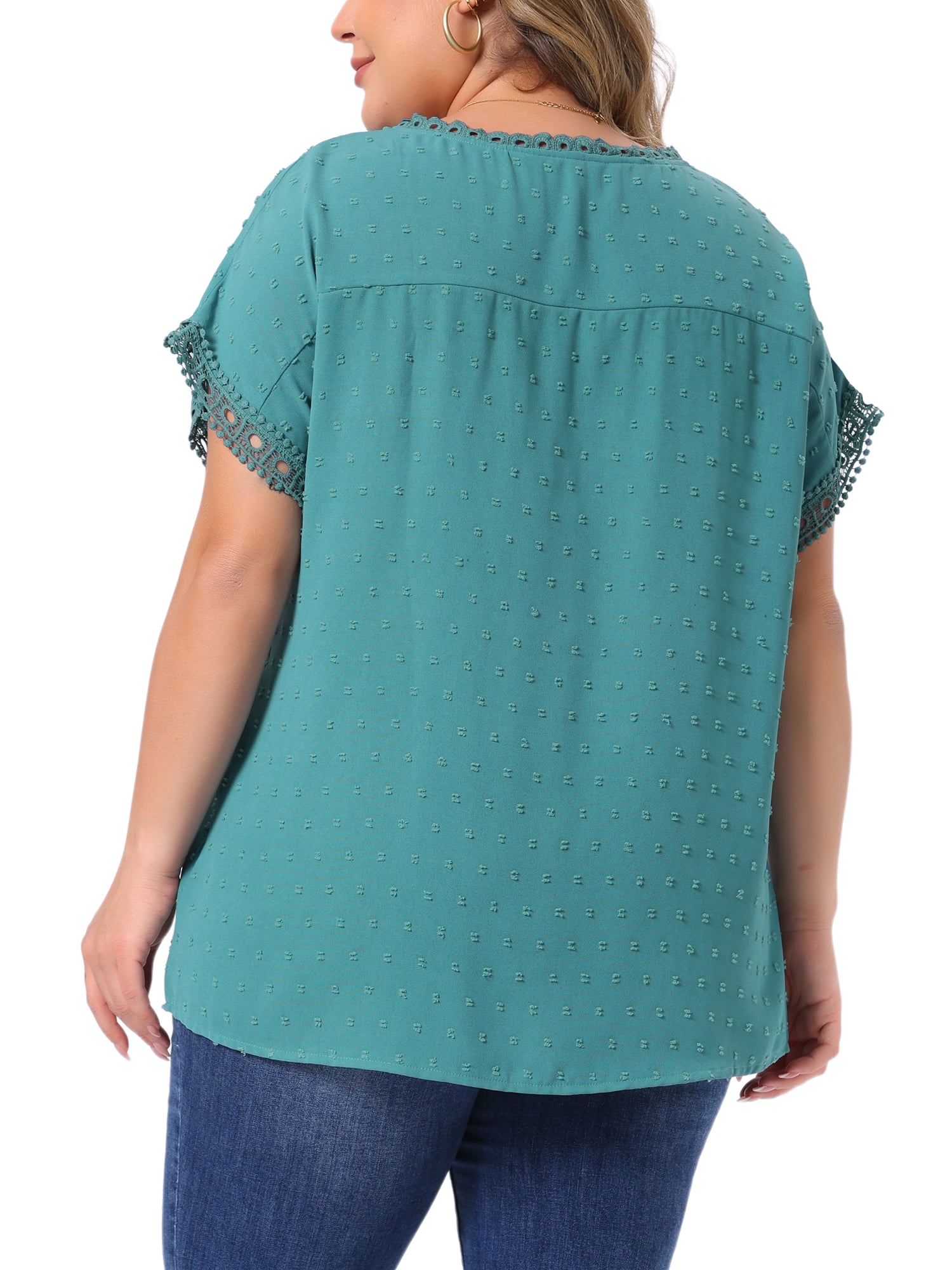 DARING DIVA Women's Plus Tops with Swiss Dots Crew Neck  Casual Blouses 4X Lake Blue