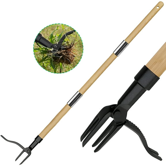 KAMIDA Detachable Weed Puller, Weed Puller Tool,Hand Weeder Tool,Garden Tools,Made with Long Wooden Handle - Real Bamboo & 4-Claw Steel Head