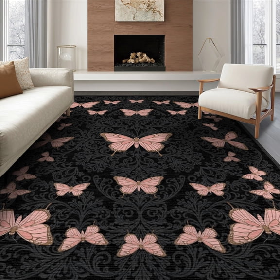 ODIKA 8'x10' Washable Area Rug Non-Slip Chair-Friendly Mat Gothic Decorative Vintage Butterfly Print Symmetrical Goth Moth for Dining Room, Large Office, Lounge