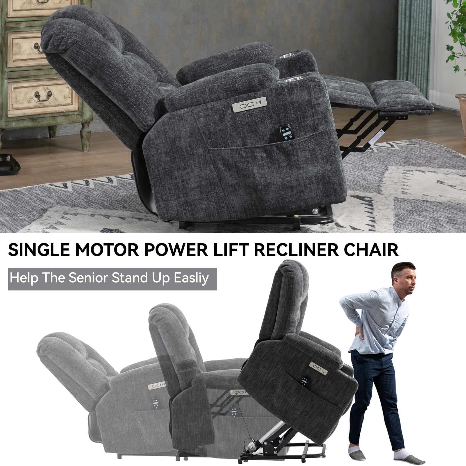 MAYEERTY Dark Grey Chenille 350lbs Power Lift Recliner, Massage Heat USB-C 34"x39"x42" Wide Overstuffed for Elderly