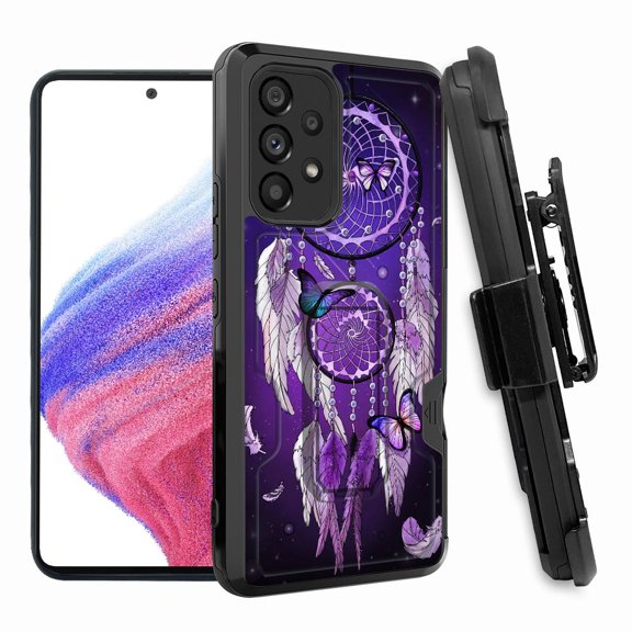 ANJ  Rugged Shockproof Hoster Case w/Card Slot, Kickstand   Tempered Glass Cover for Samsung Galaxy A33 5G - Purple Dreamcatcher