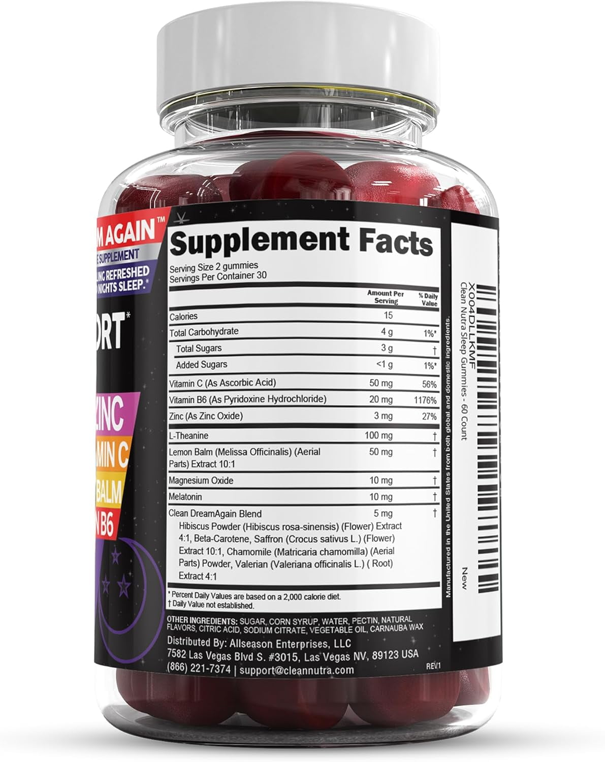 Sleep Aid Melatonin Gummies | Valerian Root L-Theanine Vitamin B6 C Lemon Balm Magnesium Hibiscus Beta Carotene Saffron & Chamomile Rest Support Supplement Raspberry Flavor Dream Again by Clean Nutra