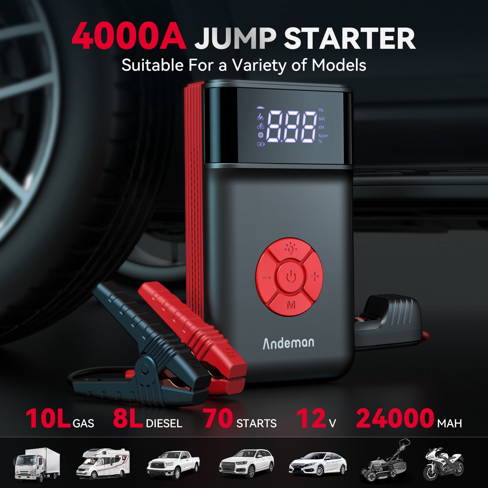 Audew (Andeman) Jump Starter with Air Compressor, 4000A 12V Portable Battery Jump Starter Box for Up 10L Gas/8L Diesel Engine with 120PSI Digital Tire Inflator, LED Light,USB Quick Charge