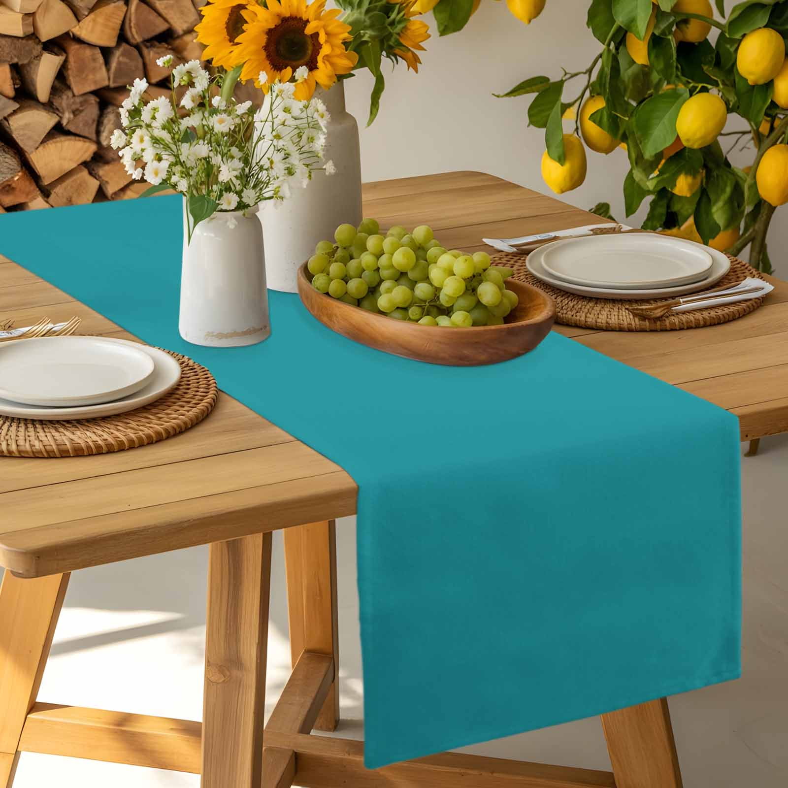 Teal Cotton Linen Table Runner for Dining Kitchen, Turquoise Pure Teal Wedding Outdoor Party Tablerunners Decoration, Dresser Scarf Coffee Tablecloth Runners 13x70 Inches