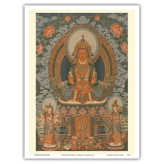 Amitayus (Amitabha) - Buddha of Limitless Life - Vintage Tibetan Thangka Buddhist Painting - Master Art Print (Unframed) 9in x 12in